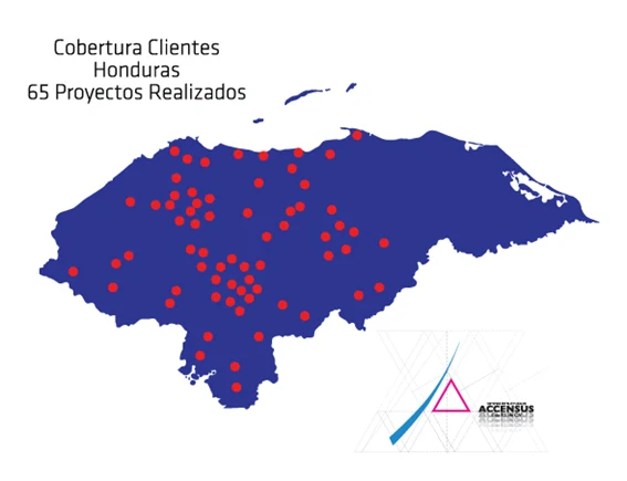 Mapa de Honduras con 65 proyectos realizados distribuidos por el país